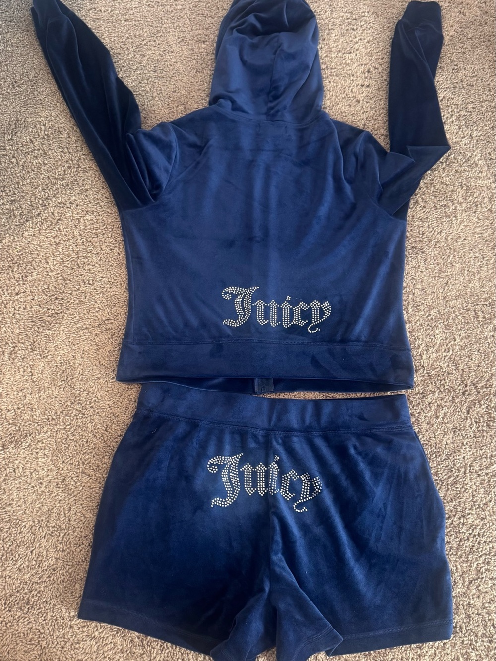 Juicy Couture Navy Blue Velour Hoodie & Shorts Set with Rhinestone Logo